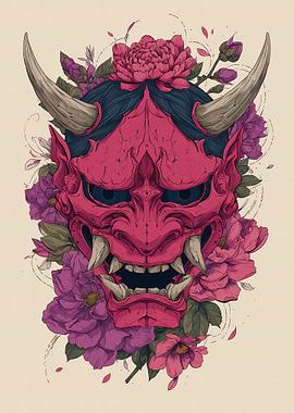 Japanese Oni Mask with Flowers