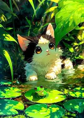 Cute Kitten and Frog in Nature