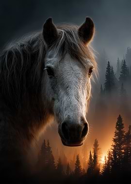 Horse in a Misty Forest at Sunset