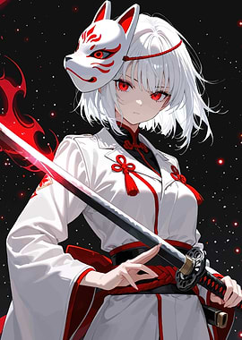 Anime Girl with Fox Mask and Katana