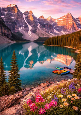 Serene Mountain Lake with Canoes and Flowers