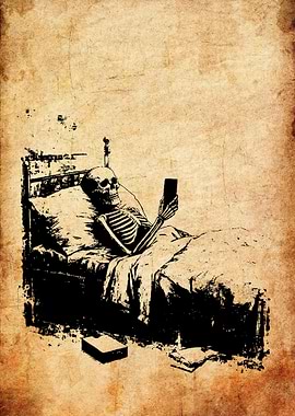 Skeleton in Bed with Phone