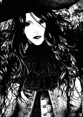 Gothic Woman in Black Hat and Lace