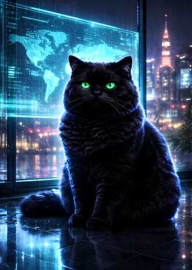 Black Cat Sitting Glowing Hologram Map Futuristic Tech