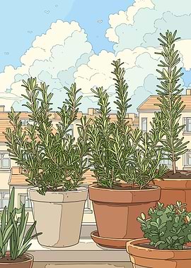 Potted Rosemary Plants on a Rooftop