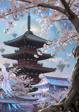 Fantasy Japanese Pagoda with Cherry Blossoms