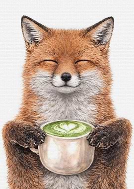 Fox Enjoying Matcha Latte