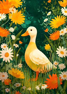 Duck in a Floral Garden