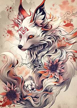 Mythical Fox Spirit with Flowers