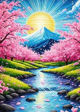 Mount Fuji Cherry Blossom River