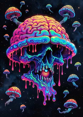 Psychedelic Brain Skull with Mushrooms