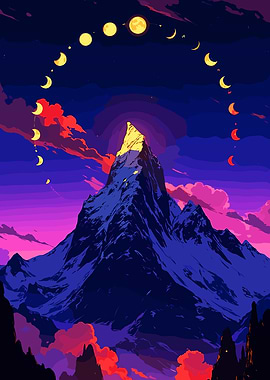 Mountain Peak with Moon Phases