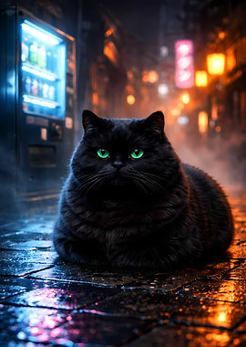 Black Cat Sitting Vending Machine Neon Street Lights