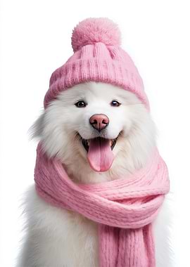 Cute Samoyed dog Wearing Pink Winter Hat and Scarf