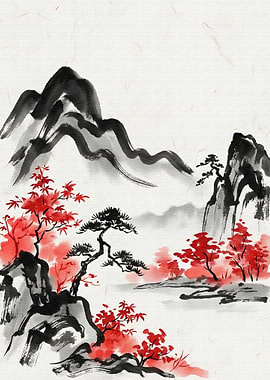 Japanese Ink Painting of Mountains and Trees
