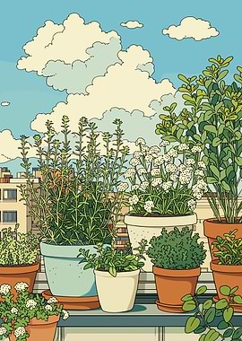 Potted plants on a balcony with city view