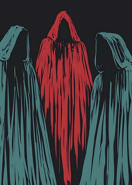 Three hooded figures in red and teal