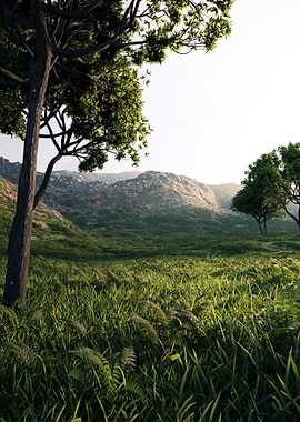 Lush Green Valley with Trees and Mountains