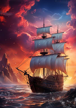 Ship in Fiery fantasy sunset