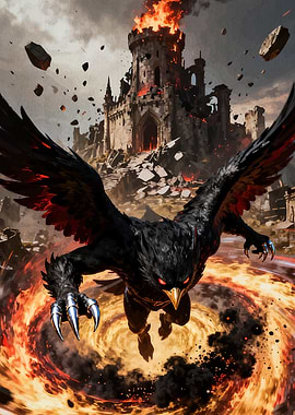 Fiery Griffin Attacks Burning Castle