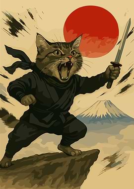 Ninja Cat with Sword and Mount Fuji