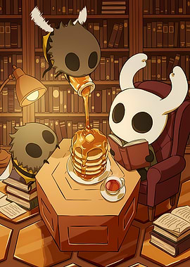 Hollow Knight characters enjoying pancakes