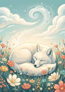 Sleeping White Fox in a Field of Flowers
