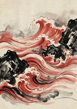 Red Waves Crashing on Rocks