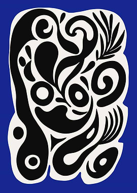 Abstract Black and White Organic Shapes on Blue