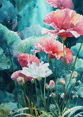 Watercolor Lotus Flowers and Leaves