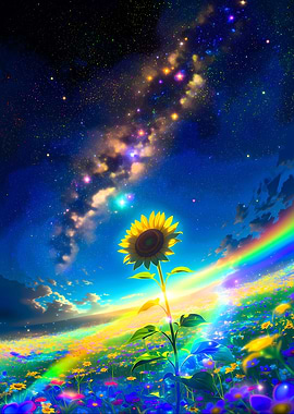 Sunflower Under a Cosmic Rainbow Sky