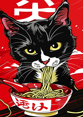 Black Cat Eating Ramen