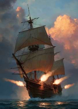 Pirate Ship Firing Cannons at Sea