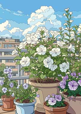 Balcony Garden with Flowers and Cityscape