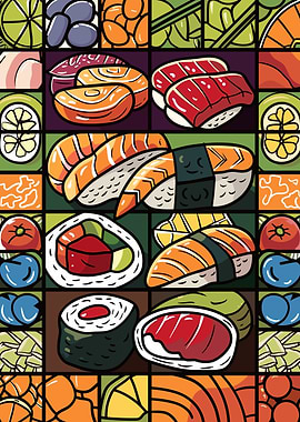 Colorful Sushi and Food Mosaic