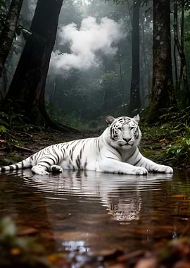 White Tiger in Misty Forest Stream
