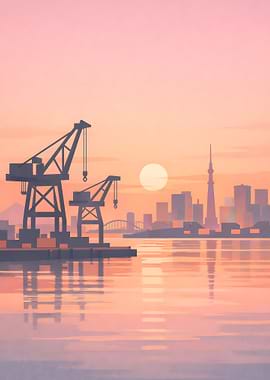 Cityscape at Sunset with Cranes