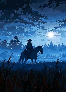 Cowboy on Horse Under Moonlight