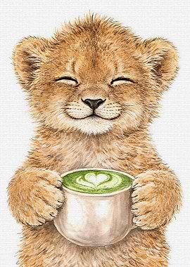Cute Lion Cub with Matcha Latte