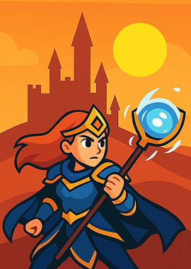 Fantasy Warrior with Staff and Castle