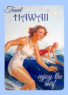 Vintage Hawaii Surf Travel Poster