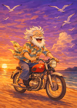 Joyful Old Man Riding Motorcycle on Beach
