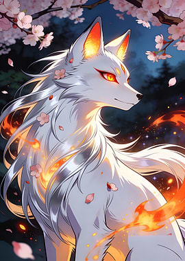 White Fox Spirit with Cherry Blossoms