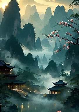 Misty Mountain Pagodas and Cherry Blossoms