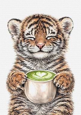 Cute Tiger Cub with Matcha Latte