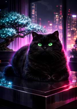 Black Cat Sitting Four Paws Neon City Window