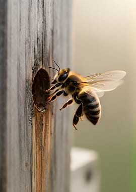 Bee entering a wooden hive entrance