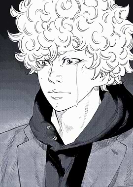 Crying anime boy with curly hair