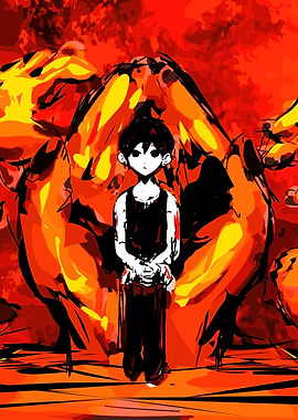 Omori character in fiery background