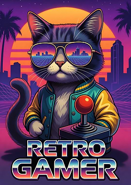 Retro Gamer Cat with Joystick